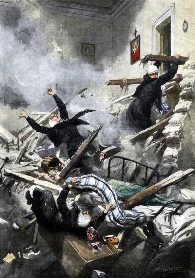 Katastrofe i en bygning i Genova: gode søstre forsvandt ved sammenbruddet af to lejligheder. Ill. de Beltrame. "La Domenica del Corriere". 04/1914. af Achille Beltrame