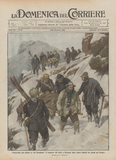 Uheldig alpeudflugt i Val Brembana, transport af tilskadekomne til Bergamo efter at være blevet efterladt tre ? af Achille Beltrame