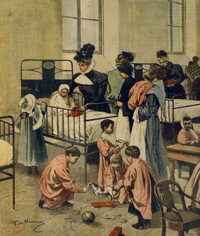 Uddeling af julegaver til fattige børn på hospitalet, af Achille Beltrame, illustration, Illustrator Achille Beltrame (1871-1945), fra La Domenica del Corriere, 23. november 1900 af Achille Beltrame