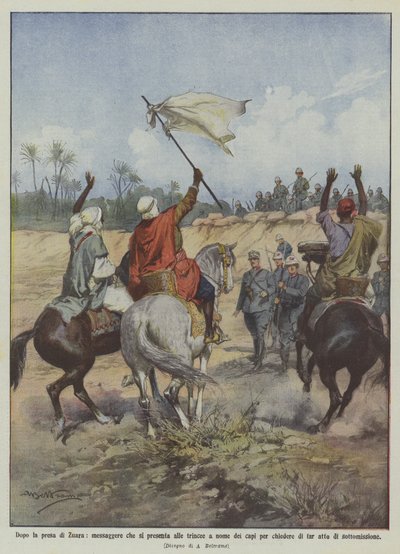 Efter erobringen af ​​Zuara, en budbringer, der kommer til skyttegravene på vegne af lederne for at spørge? af Achille Beltrame