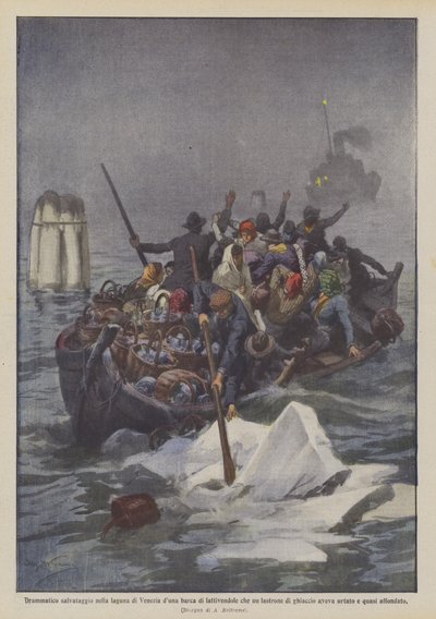 Dramatisk redning i den venetianske lagune af en båd af lattivendole at en plade? af Achille Beltrame