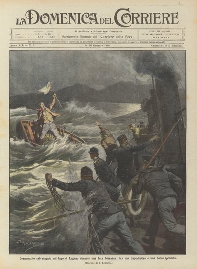 Dramatisk redningsaktion på Lugano-søen under en storm mellem en torpedobåd og en forlist båd af Achille Beltrame