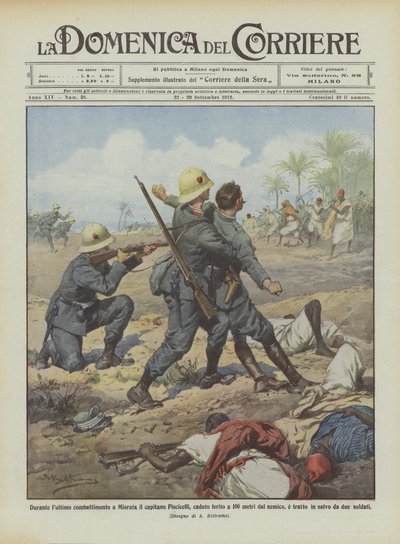 Under det sidste slag ved Misrata blev kaptajn Piscicelli, der blev såret 100 meter fra ? af Achille Beltrame