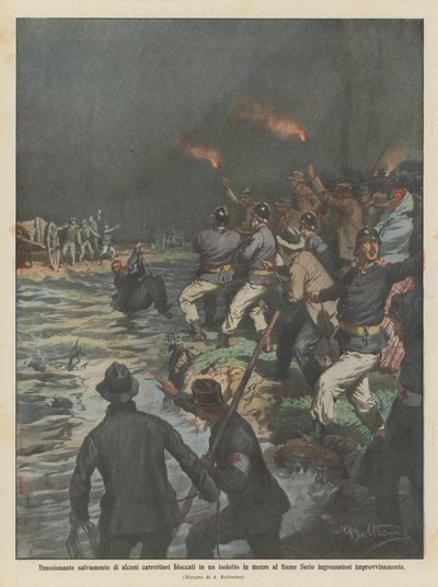 Spændende redning af vognmænd, der er strandet på en lille ø midt i Serio-floden ? af Achille Beltrame