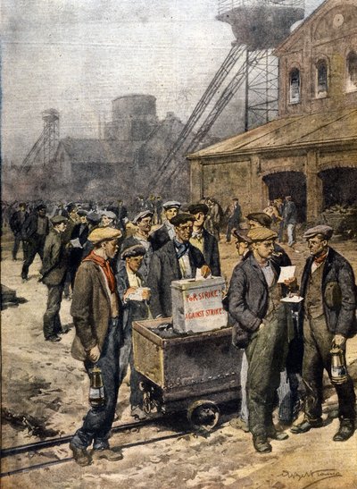 Engelske minearbejderstrejker. Illustration af Achille Beltrame. "Kurerens søndag" " af Achille Beltrame
