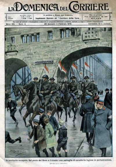 Engelsk tilstedeværelse i Tyskland: militærtropper på en Rhinbro i Köln. Illustration af Beltrame. La Domenica del Corriere. 01/1919. af Achille Beltrame