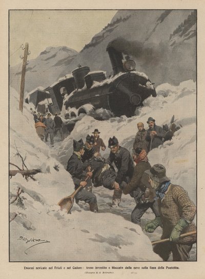 Kæmpe snefald i Friuli og Cadore, tog kørt over og blokeret af sne på Pontebba-linjen af Achille Beltrame