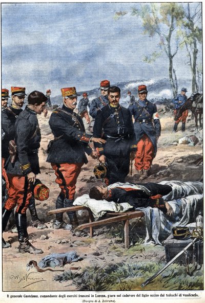 Episode af krigen i 1914: General Noel Edouard de Curieres de Castelnau (1851-1944), chef for den franske hær i Lorraine, sværger til liget af sin døde søn at hævne ham. Illustration af Achille Beltrame i "" La Domenica del Corriere"" af Achille Beltrame