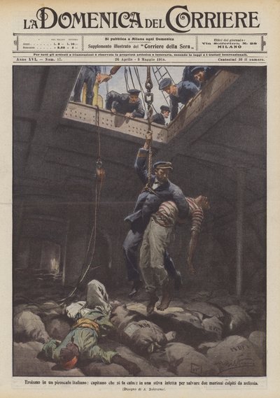 Heltemod på et italiensk dampskib, hvor kaptajnen sænker sig ned i et inficeret lastrum for at redde to? af Achille Beltrame