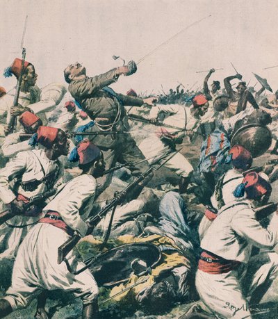 Etiopisk angreb på Lugh garnison og drab på kaptajn Bongiovanni, af Achille Beltrame, illustration, Achille Beltrame (1871-1945), fra La Domenica del Corriere af Achille Beltrame