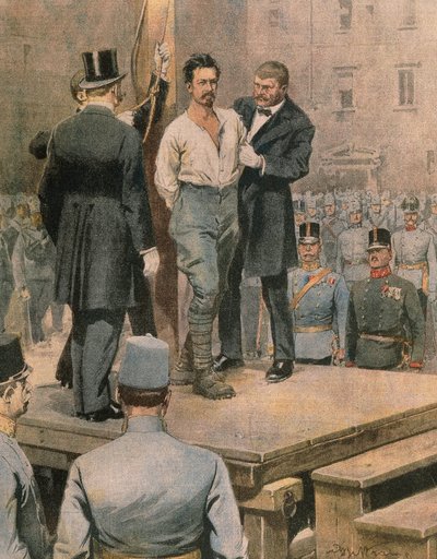Henrettelse af Cesare Battisti i Trento, af Achille Beltrame, illustration, Illustrator Achille Beltrame (1871-1945), fra La Domenica del Corriere, juli 1916 af Achille Beltrame