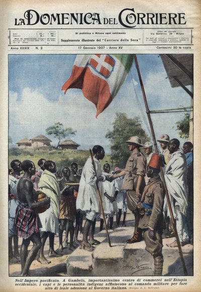 Fascisme 1937: Møder i Gambela, handelscentret i Det Etiopiske Imperium, for indfødte høvdinge og personligheder for at foretage en handling om tiltrædelse af den italienske regering. Illustration af Achille Beltrame i "" La domenica del corriere"" 17/01/1 af Achille Beltrame
