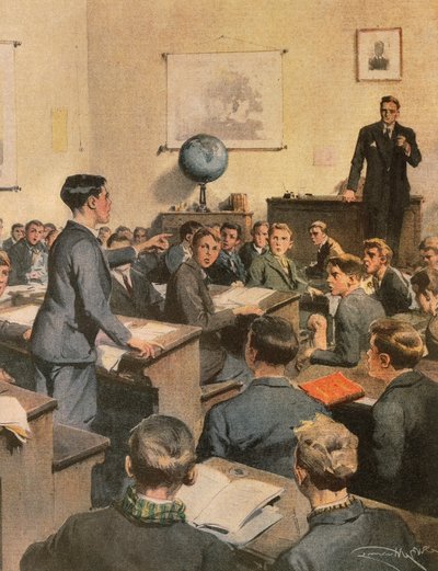 Bekæmpelse af analfabetisme, børn i skolen, af Achille Beltrame, illustration, Illustrator Achille Beltrame (1871-1945), fra La Domenica del Corriere af Achille Beltrame