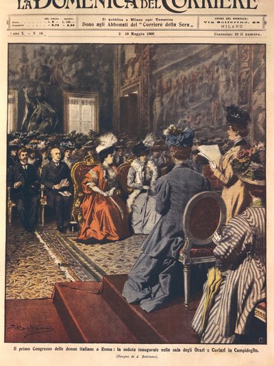 Første italienske kvindekongres i Capitol, Rom, illustration af Achille Beltrame fra La Domenica del Corriere, 3. maj af Achille Beltrame