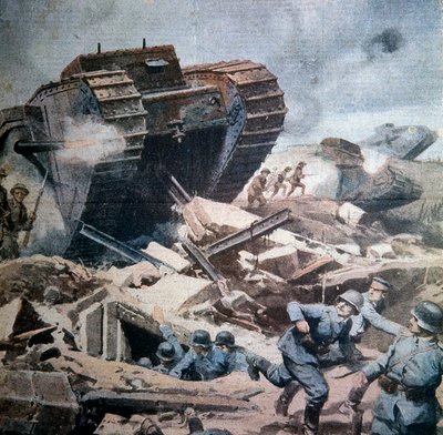 Første Verdenskrig (1914-1918): "" Angreb på engelske kampvogne i Picardie"" Illustration af Achilles beltrame fra La Domenica del Corriere 1916 af Achille Beltrame