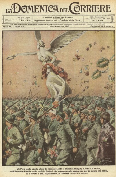 Første Verdenskrig 1918 - Italien i krigen. Sejrsdag. I herlighedens time. Efter en titanisk kamp, de enorme ofre, dødsfaldene, stormene, har den italienske hær, de heroiske romerske legioner, der kæmpede for det allerhelligstes sag, løftet offeret af Achille Beltrame