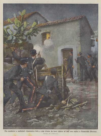 En dramatisk skudkamp mellem carabinieri og kriminelle omkring et rustikt hus? af Achille Beltrame
