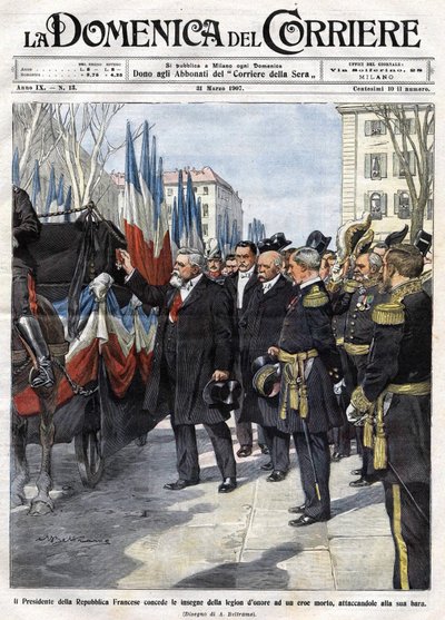 Den franske præsident Armand Fallieres (1841 - 1931) overrækker Æreslegionens medalje til en helt, der døde i kamp. Ill. de Beltrame. La Domenica del Corriere. 31/03/1907. af Achille Beltrame