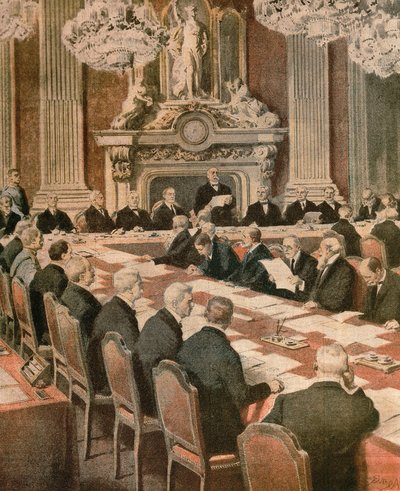 Den franske præsident Georges Clemenceau taler ved fredskonferencen i Paris af Achille Beltrame, illustration, illustrator Achille Beltrame (1871-1945), fra La Domenica del Corriere af Achille Beltrame