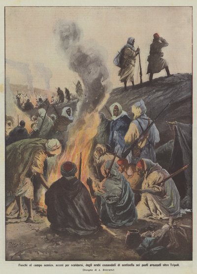 Bål i fjendens lejr, tændt for at varme op, af araberne, der var kommanderet på vagtvagt på de steder, der rykkede ud over Tripoli af Achille Beltrame