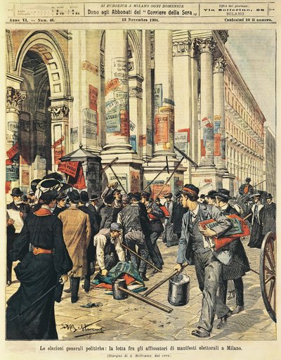 Folketingsvalg i Milano: konfrontationer mellem mennesker, der hænger politiske plakater i Milano, af Achille Beltrame (1871-1945), fra La Domenica del Corriere af Achille Beltrame