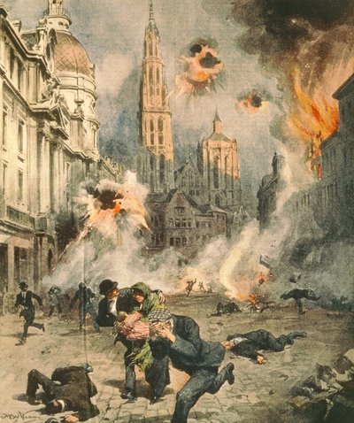 Tyskere bomber og besætter Antwerpen, af Achille Beltrame (1871-1945), illustration fra La Domenica del Corriere af Achille Beltrame