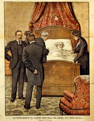 Giuseppe Verdi (1813-1901) døende, illustration af Achille Beltrame (1871-1945). Italien, 20. århundrede. af Achille Beltrame