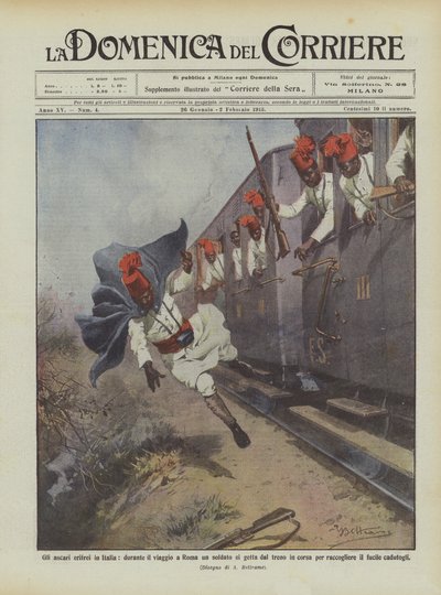 Eritreiske ascarians i Italien, på vej til Rom hopper en soldat af toget for ? af Achille Beltrame