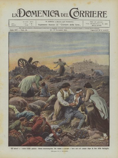 Krigens rædsler og smerter, montenegrinske kvinder, der går for at lede efter deres kære i marken? af Achille Beltrame