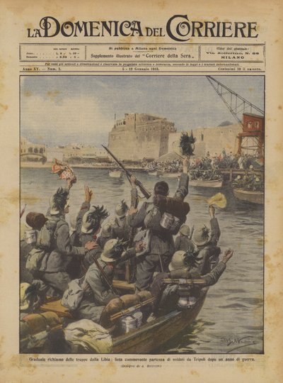 Gradvis tilbagetrækning af tropper fra Libyen, glad afgang af soldater fra Tripoli efter et års krig af Achille Beltrame