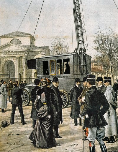 Guglielmo Marconi assisterer i Milano til testen af den første Stazione Radio Mobile. Illustration af Achille Beltrame til "Domenica del Corriere"" (1906). Gravering. af Achille Beltrame