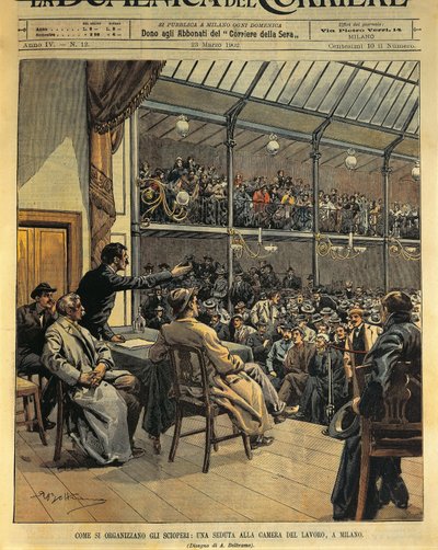 Sådan organiseres strejker, møde i Arbejdskammeret i Milano, illustration af Achille Beltrame fra La Domenica del Corriere, 23. marts af Achille Beltrame