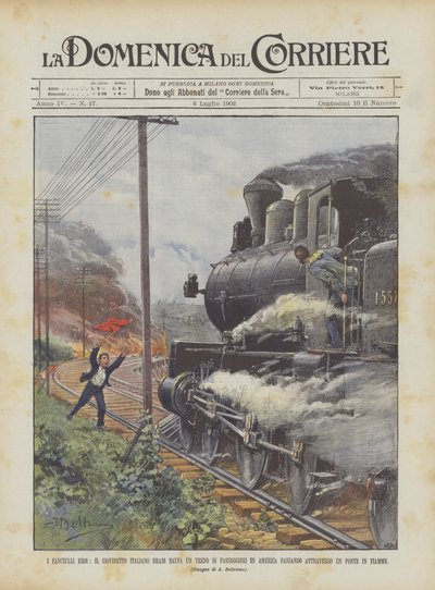 I Child Heroes, den unge italienske Bradi redder et tog af passagerer i Amerika, der går forbi? af Achille Beltrame