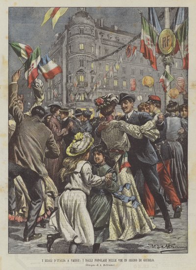 Italiens kongehus i Paris, folkelige danser i gaderne i jubelens tegn af Achille Beltrame