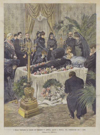 De kongelige besøger resterne af Umberto I, så snart de ankommer til Monza, om eftermiddagen den 1. Korr. af Achille Beltrame