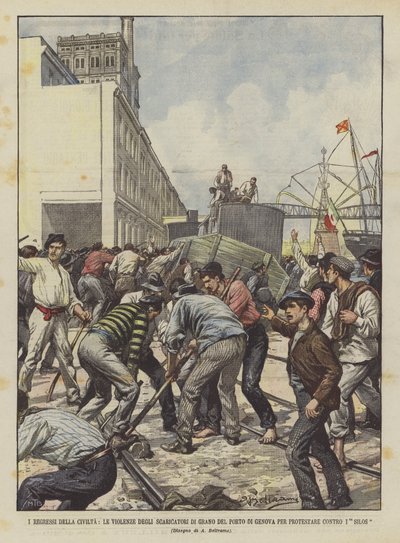 Civilisationens tilbagegang, kornlossernes vold i Genovas havn for at protestere mod siloerne af Achille Beltrame