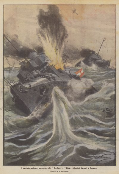 De østrig-ungarske destroyere Triglav og Lika sank foran Durres af Achille Beltrame