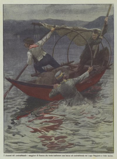 Smuglerdramaer, finansmajor, der forsøger at tilbageholde en smuglerbåd på ? af Achille Beltrame