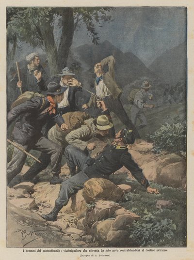 Smuglerdramaer, vice-brigadegeneral står alene over for ni smuglere ved den schweiziske grænse af Achille Beltrame