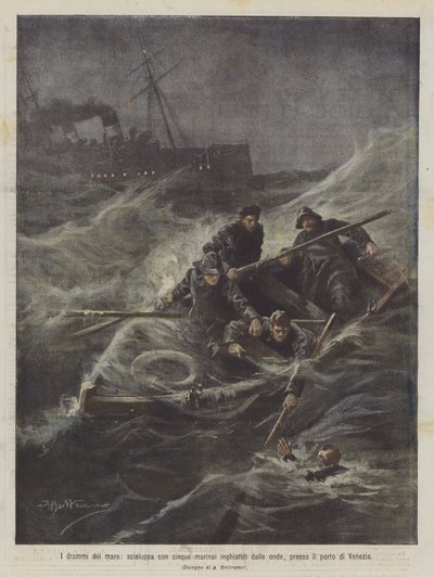Havets dramaer, redningsbåd med fem sømænd, der blev opslugt af bølgerne, nær Venedigs havn af Achille Beltrame