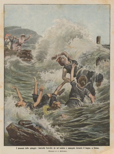 Stranddramaer, piger, der blev revet med af en oversvømmelse og druknede under svømning, i Osimo af Achille Beltrame