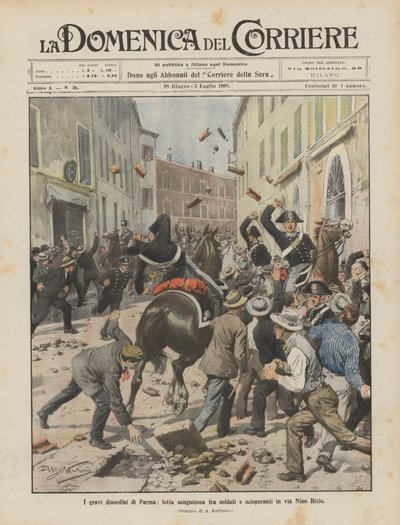 Alvorlige optøjer i Parma, blodigt slagsmål mellem soldater og strejkende i via Nino Bixio af Achille Beltrame