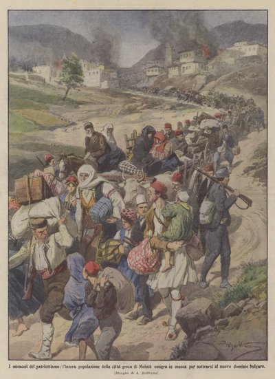 Patriotismens mirakler, hele befolkningen i den græske by Melnik emigrerer i massevis til ? af Achille Beltrame