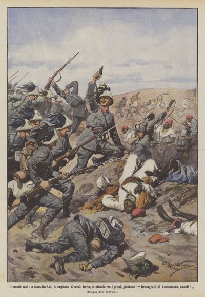 Vores helte, i Kars-Bu-Adi, kaptajn Civardi, såret, skynder sig blandt de første og råber? af Achille Beltrame
