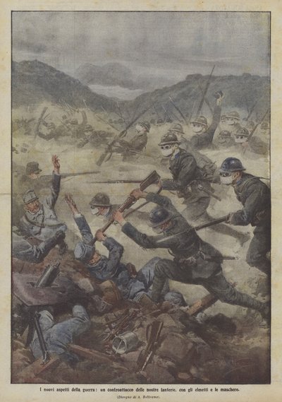 De nye aspekter af krigen, et modangreb fra vores infanteri, med hjelme og masker af Achille Beltrame