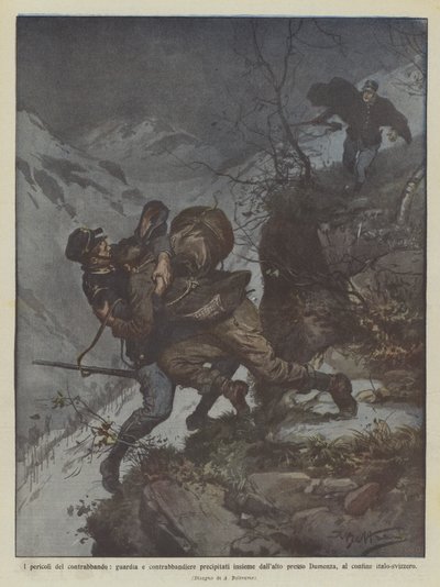 Farerne ved smugleri, vagt og smugler kastet sammen fra oven på ? af Achille Beltrame