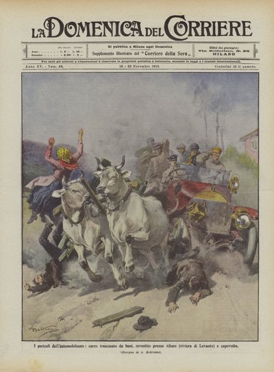 Farerne ved bilkørsel, vogn trukket af okser, kørt over ved Altare (Riviera di Levante) og væltet omkuld af Achille Beltrame