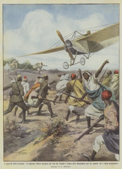 De farer af luftfart, kaptajn Moizo under en flyvning mellem Tripoli og Zuara skal ned ? af Achille Beltrame