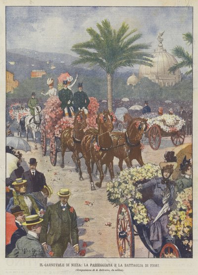 Det hyggelige karneval, gåturen og slaget om blomster af Achille Beltrame