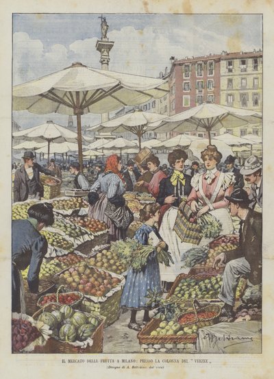 Frugtmarkedet i Milano, ved La Colonna Del Verzee af Achille Beltrame